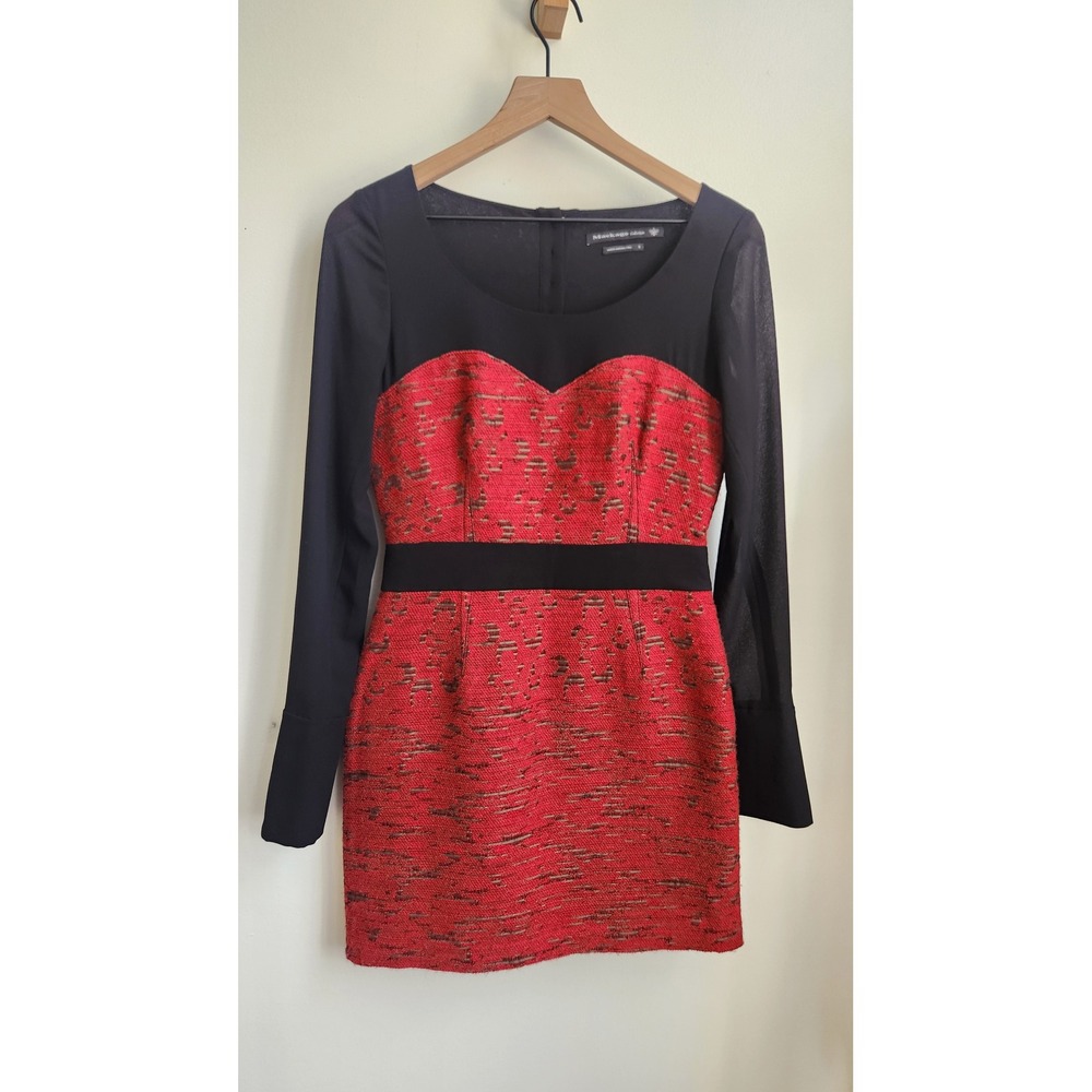 Mackage Mini Dress Women 4 Red Black Tweed Wool Blend Chiffon Long Sleeve Luxury